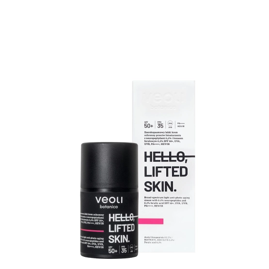Veoli Botanica HELLO, LIFTED SKIN Szerokopasmowy lekki krem ochronny przeciw fotostarzeniu SPF 50+