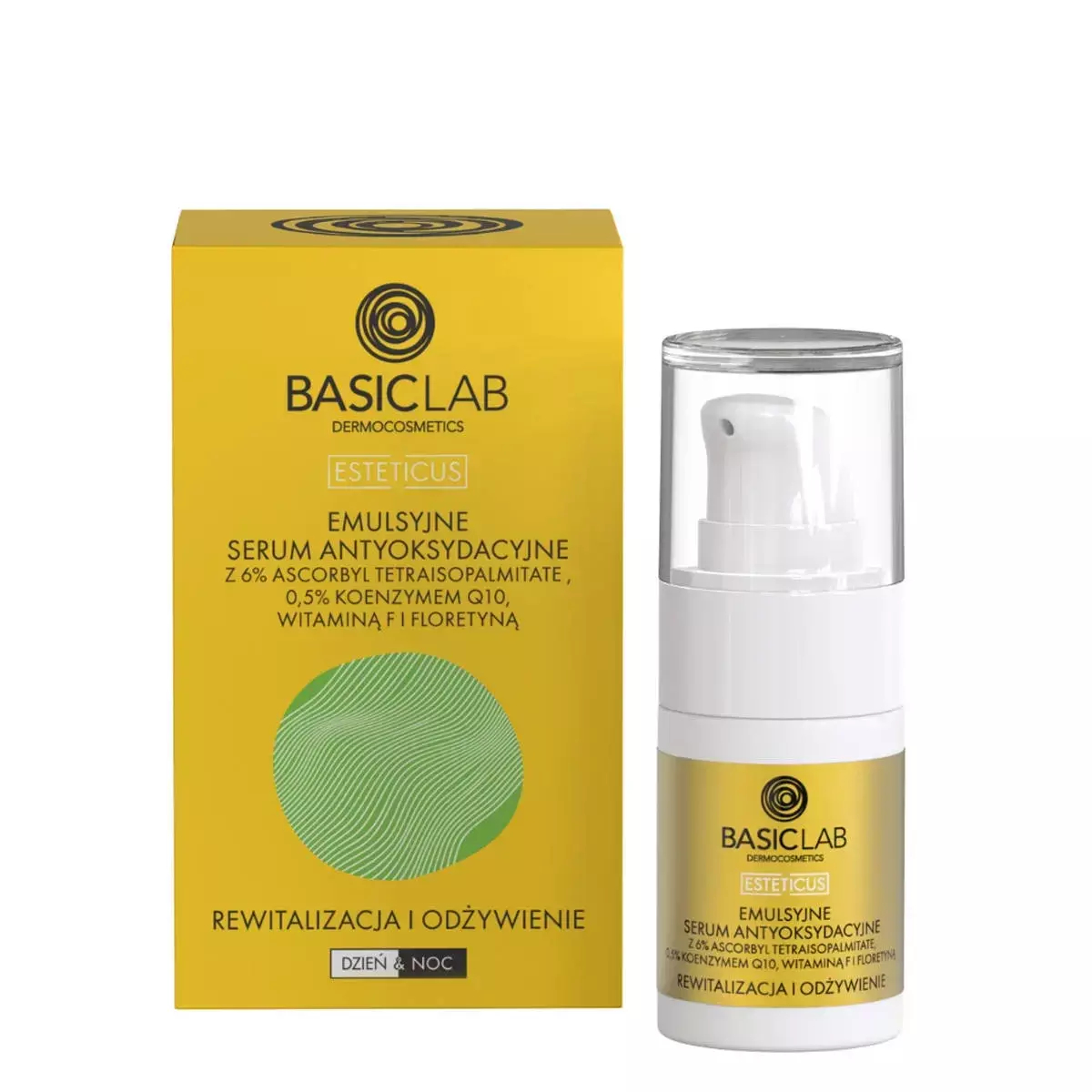 BasicLab EMULSYJNE SERUM ANTYOKSYDACYJNE Z 6% ASCORBYL TETRAISOPALMITATE REWITALIZACJA I ODŻYWIENIE 15 ml