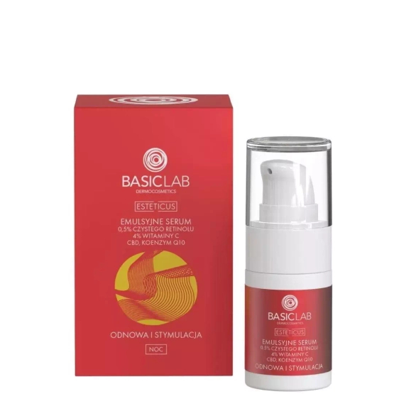 BASICLAB Emulsyjne serum z 0,5% Czystego Retinolu, 4% wit. C, CBD i Koenzymem Q10