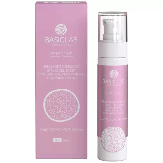 BASICLAB Serum regenerujące strukturę skóry z ceramidami 1%, prebiotykiem 2% oraz witaminą e 3%, (sprężystość i odbudowa)